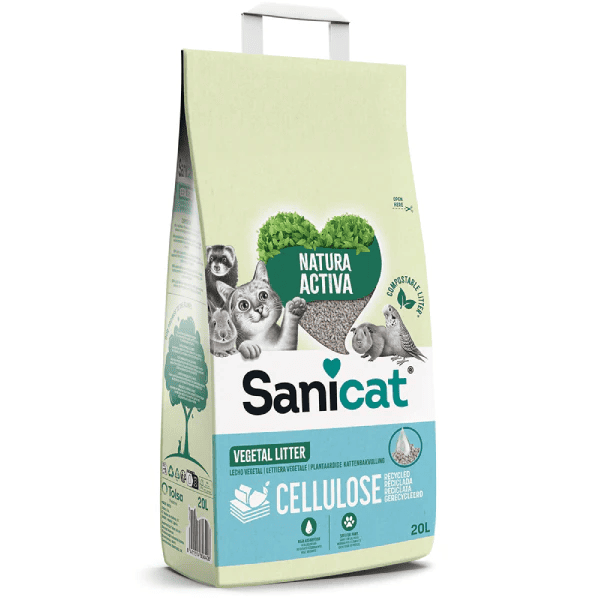 SANICAT Asternut din Celuloza pentru Litiera Pisicii 20 L | Absorbtie pana la 500%, Control Eficient al Mirosurilor, Fara Praf