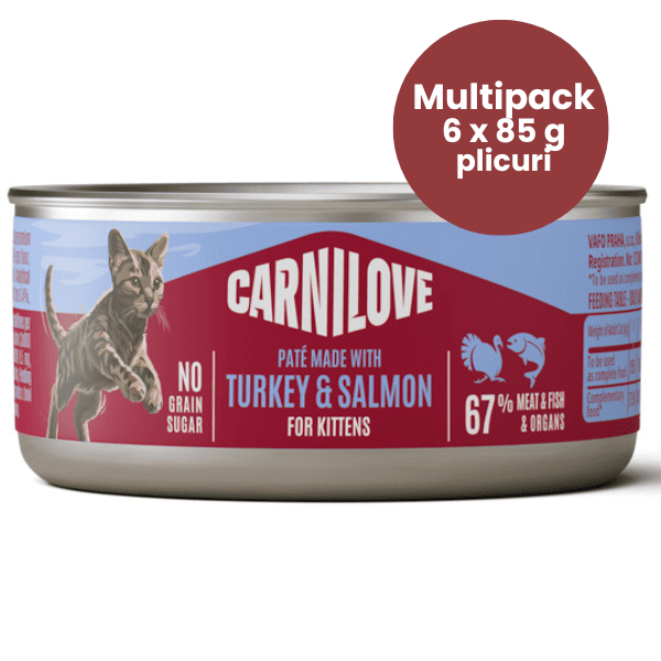 CARNILOVE Kitten Paté cu Curcan și Somon  Multipack 6x100 g | Hrană Umedă Completă Fără Cereale pentru Pui de Pisică (pateu fin)