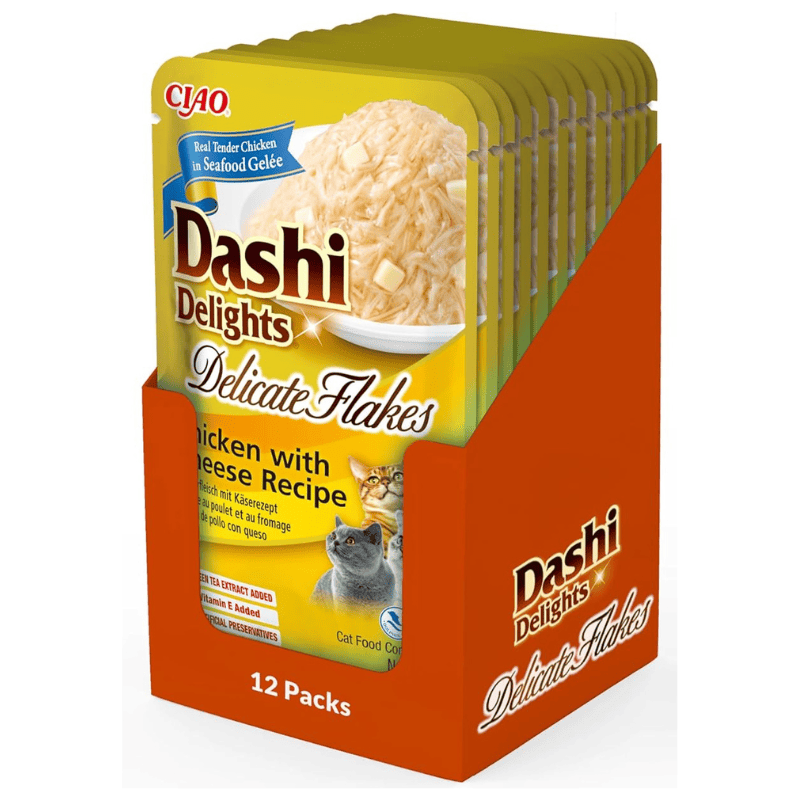 CIAO Dashi Delights Delicate Flakes Pui cu Branza Box 12x40 g | Hrana Umeda Complementara pentru Pisici | Bucatele Fine, Nutritive, Sanatoase, Delicioase si Fara Cereale