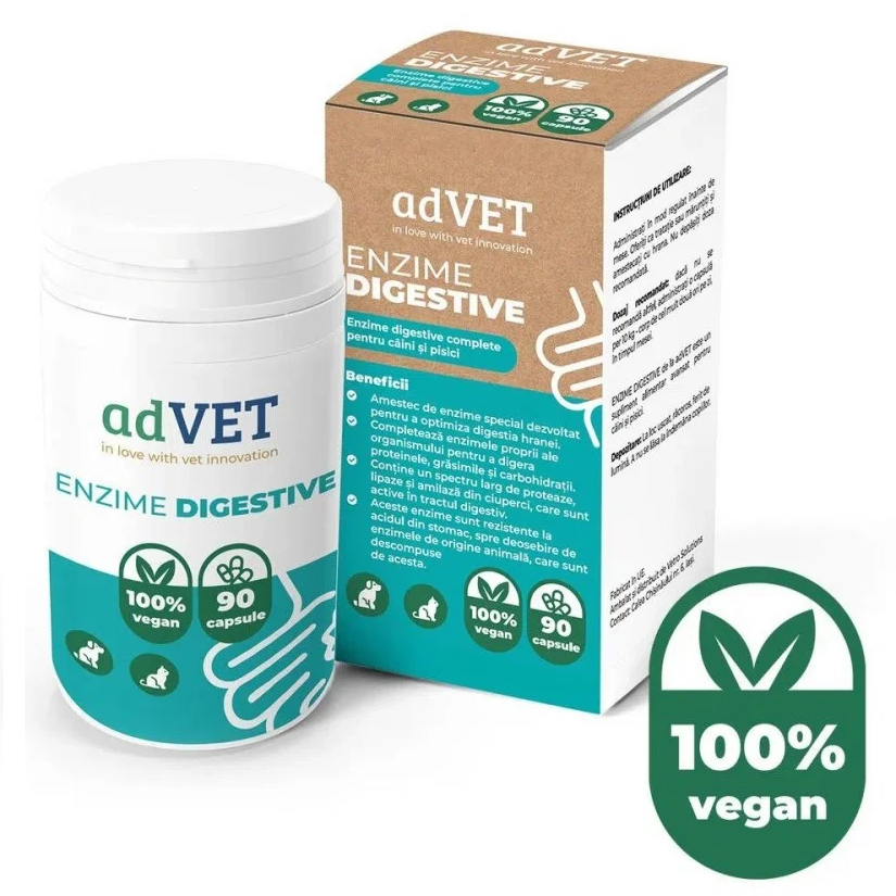 adVET Enzime Digestive, Supliment Nutritiv Pentru Caini si Pisici, Sustinerea Sanatatii Tractului Gastrointestinal, 90cps