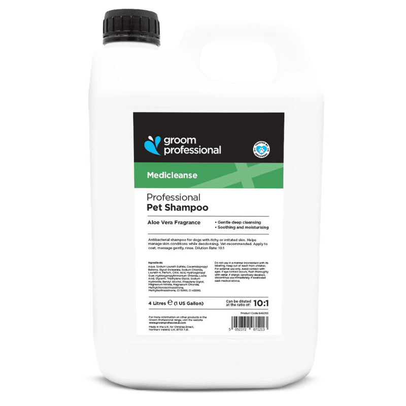 GROOM PROFESSIONAL Medicleanse Shampoo 4 L | Sampon Profesional Concentrat (dilutie 10:1) cu Aloe Vera pentru Caini si Pisici | Curatare Profunda, Hidratare si Control Mirosuri