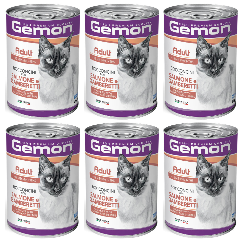 GEMON Cat Adult cu Somon si Creveti – Set Conserve Hrană Umedă pentru Pisici Adulte (bucatele in sos), 6x415g