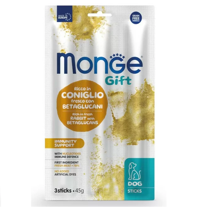 MONGE Gift Immunity Suport, cu Iepure , Recompense Caini Pentru Intarirea Imunitatii, Folie x 3sticks, 45g
