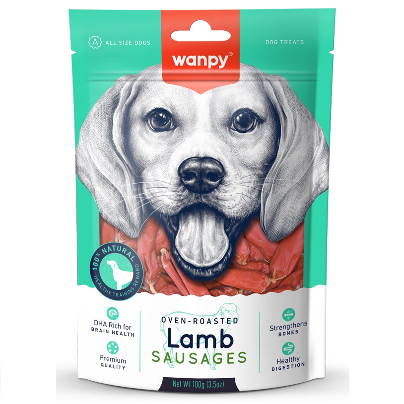 WANPY Oven Roasted Lamb Sausages, 100 g - Recompense Naturale pentru Caini, Carnati din Carne de Miel Copti la Cuptor pentru un Rasfat Sanatos si Igiena Orala