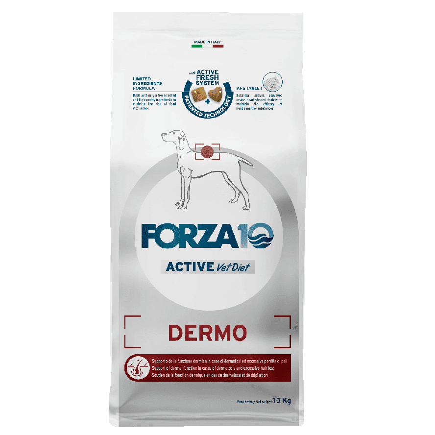 FORZA10 Active Vet Diet Dermo, Dietă Uscată Monoproteică cu Peste pentru Câini Alergici sau cu Afecțiuni Dermatologice, 10 kg