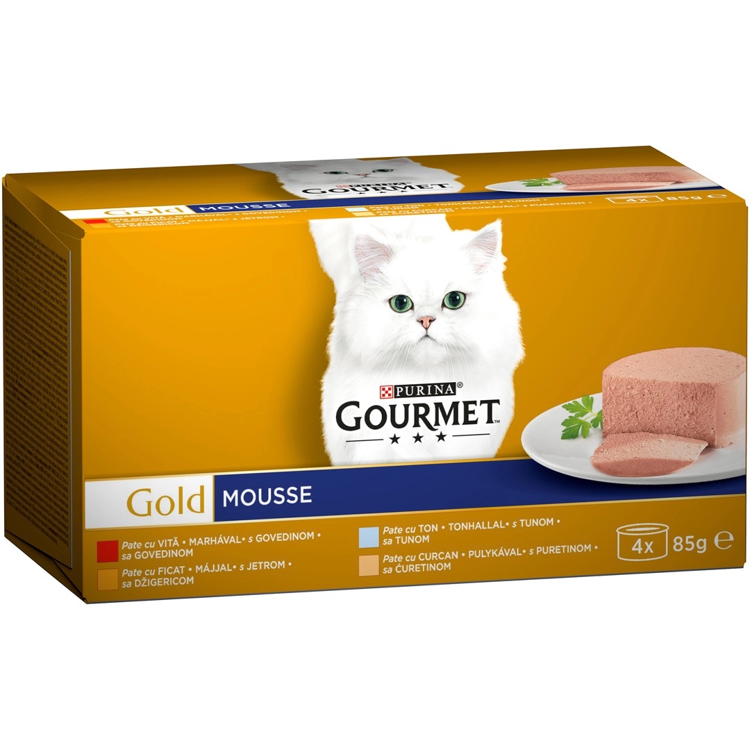 PURINA Gourmet Gold Mousse, cu Vita | Curcan | Ficat si Ton, Multipack Conserve Hrana Umeda Pentru Pisici Adulte, 4x85g