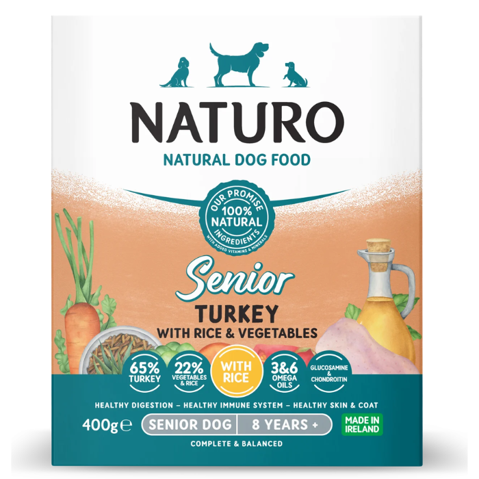 NATURO Senior Dog cu Curcan, Orez si Legume 400 g | Hrana Umeda Completa 100% Naturala pentru Caini Seniori 7+