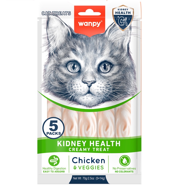 WANPY Kidney Health Creamy Lickable Cat Treats cu Pui si Legume, plicuri 5x14 g – Recompensa Functionala Cremoasa Superpremium pentru Pisici, Suport Renal Natural