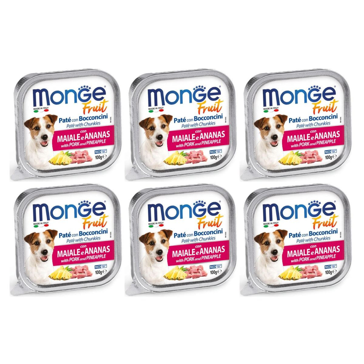 MONGE Dog Fruit, cu Porc si Ananas, Set Conserve Hrana Umeda Fara Cereale Pentru Caini 6x100g