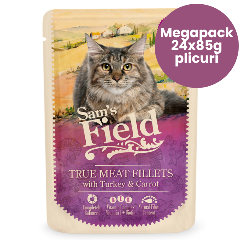 SAM'S FIELD Cat Pouch Turkey & Carrot Megapack 24x85 g | Hrana Umeda Superpremium pentru Pisici Adulte | Fileuri de Curcan si Morcov | Reteta Naturala Bogata in Proteine si Fibre