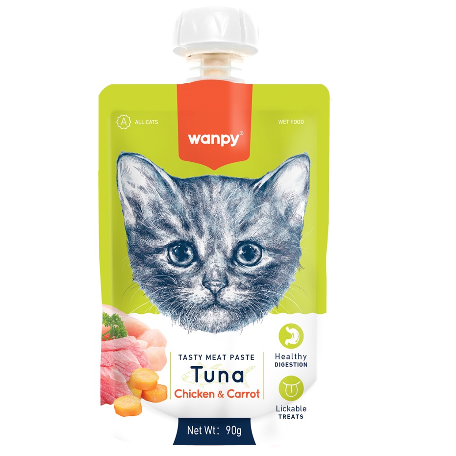 WANPY Tasty Meat Paste Tuna, Chicken & Carrot, 90 g – Recompensa pentru Pisici, Pasta Cremoasa Superpremium cu Ton, Pui, Morcov si Vitamine Esentiale