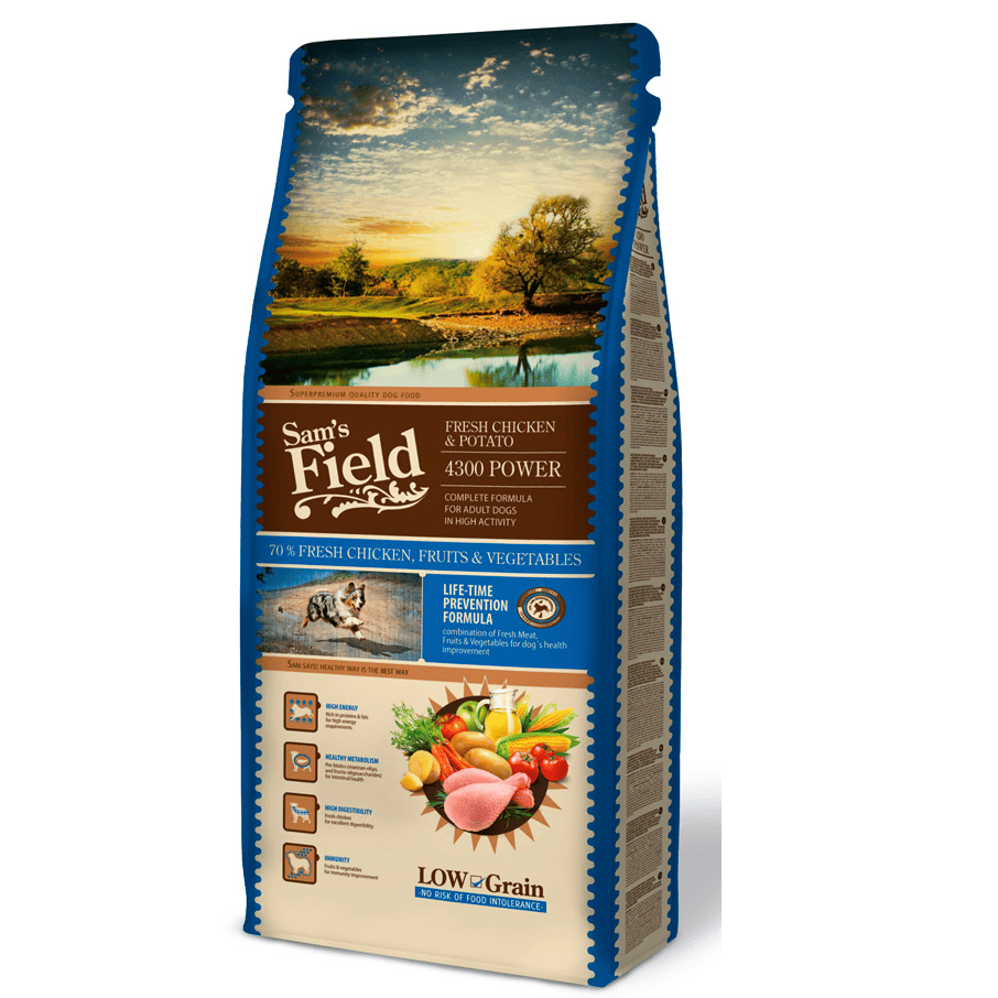 Sam's Field Fresh Chicken & Potato 4300 Power 13 kg | Hrana Uscata Super-Premium pentru Caini Adulti Activi | Formula Energetica cu 70% Pui Proaspat, Cartofi, Fructe si Legume | Vitalitate, Rezistenta si Digestie Optima