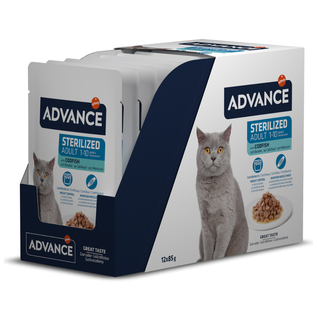 ADVANCE Cat Adult Sterilized, cu Ton, Bax Plicuri Hrana Umeda Pisici Adulte Sterilizate (bucatele carne in sos), 12x85g