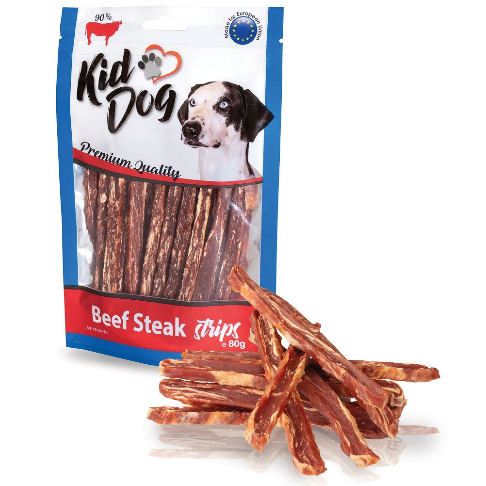 KIDDOG Fasii Friptura de Vită pentru Câini, 80g – Recompense Naturale cu 95% Carne
