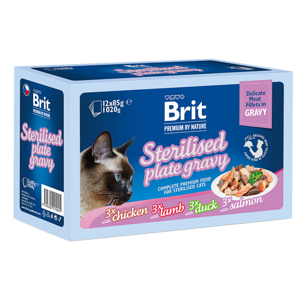 BRIT PREMIUM by Nature Cat Delicate Fillets in Gravy Family Plate Sterilised 12x85 g | Hrana Umeda Completa pentru Pisici Sterilizate | Mix Fileuri in Sos cu Pui, Miel, Rata si Somon