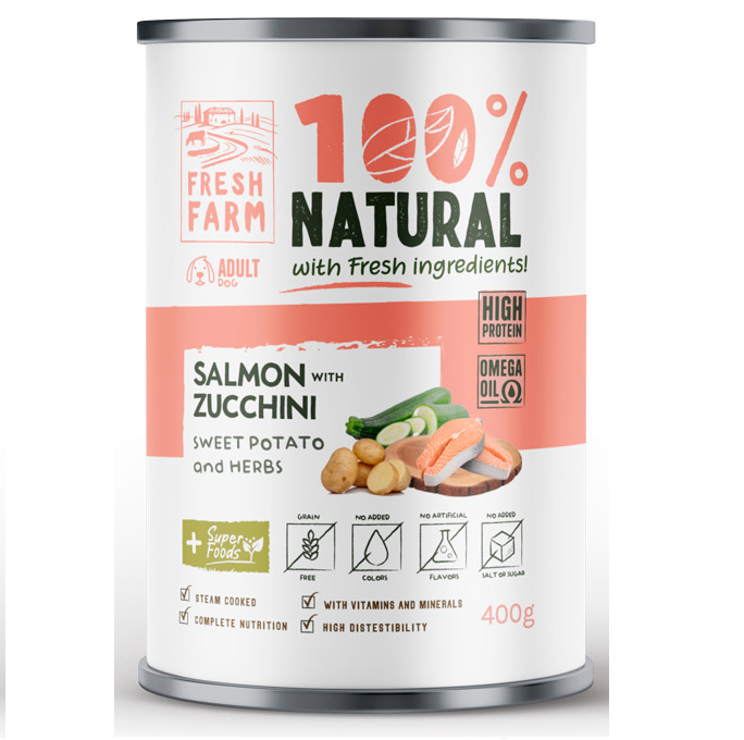 FRESH FARM Coarse Pate cu Somon, Dovlecel si Cartofi Dulci, 400 g - Hrana Umeda Fara Cereale pentru Caini, Reteta Gatita la Aburi cu Textura de Pate Grosier