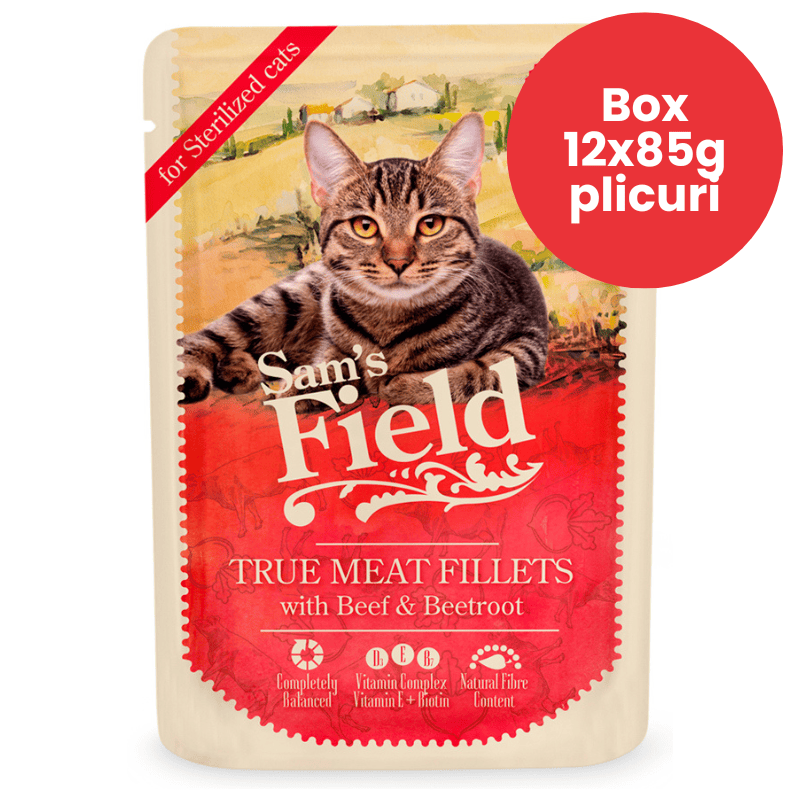 SAM'S FIELD Cat Pouch Sterilized Cats Beef & Beetroot Box 12x85 g | Hrana Umeda Superpremium pentru Pisici Sterilizate | Fileuri de Vita si Sfecla Rosie | Controlul Greutatii si Sanatatea Tractului Urinar