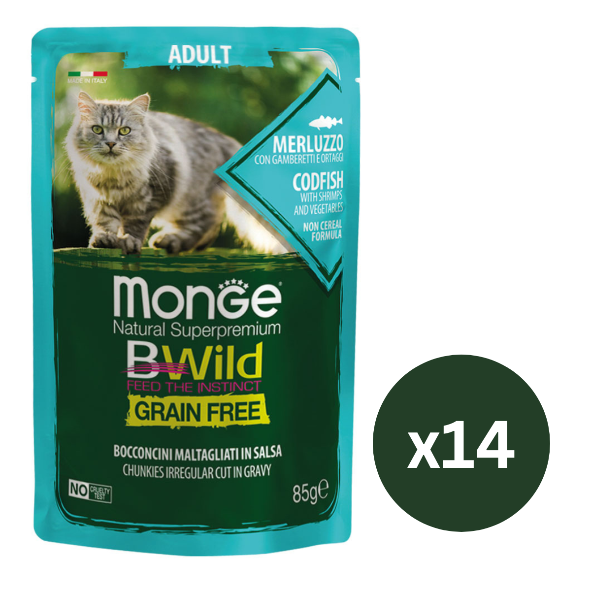 MONGE Natural BWild Adult Cat, cu Cod, Set Plicuri Hrana Umeda, Fara Cereale, Pentru Pisici (bucati carne in sos), 14x85g