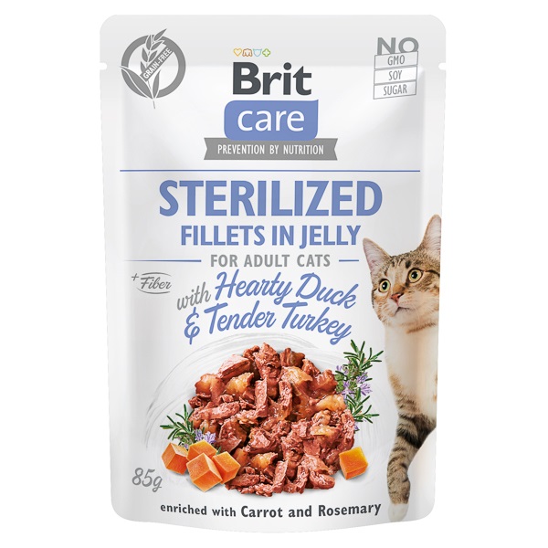BRIT CARE Sterilized Fillets in Jelly, cu Rata si Curcan, Plic Hrana Umeda, Fara Cereale,  Pisici Sterilizate (file in aspic) 85g