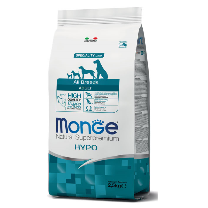 MONGE Natural Hipoalergenic Adult, Somon si Ton, Hrana Uscata Caine Digestie Sensibila | Piele Sanatoasa | Blana Stralucitoare, 2.5kg