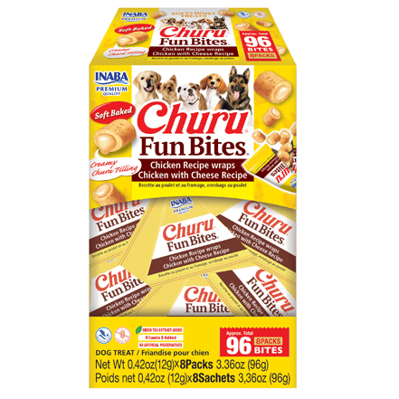 CHURU Fun Bites Chicken with Cheese Recipe 8x12 g | Recompense pentru Caini cu Pui si Branza | Exterior Fraged din Pui si o Umplutura Cremoasa cu Branza