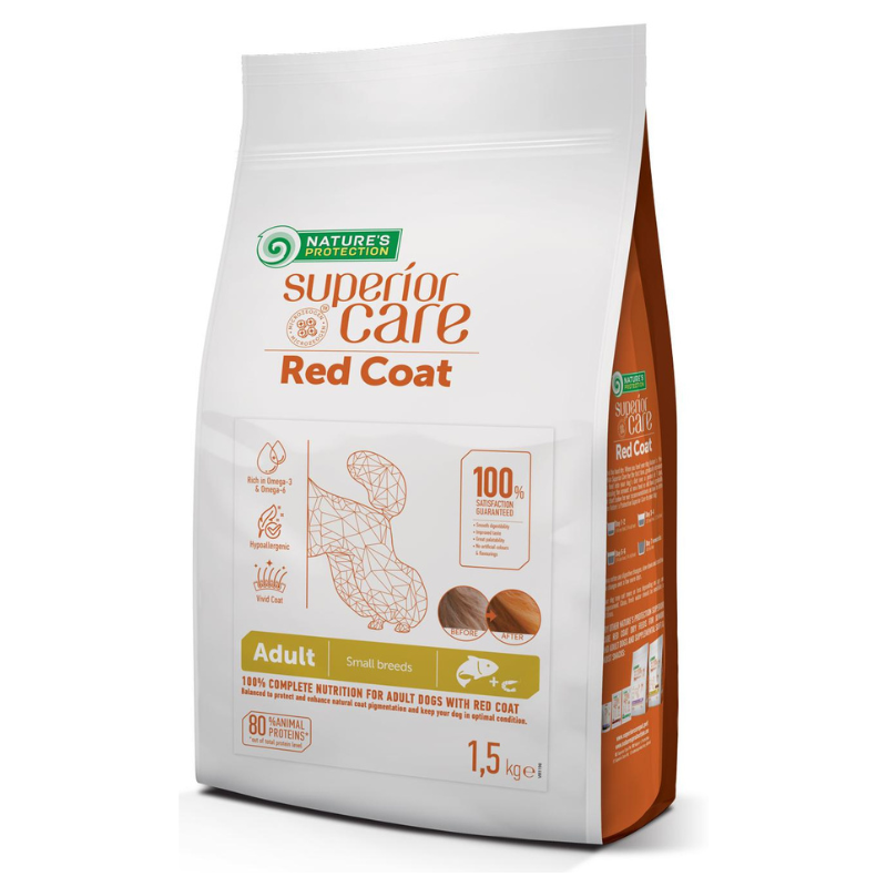 NATURE'S PROTECTION Superior Care Red Coat Grain Free Adult Small & Mini Breeds cu Somon 10 kg | Hrana Uscata fara Cereale pentru Caini Adulti de Talie Mica cu Blana Roscata sau Maronie