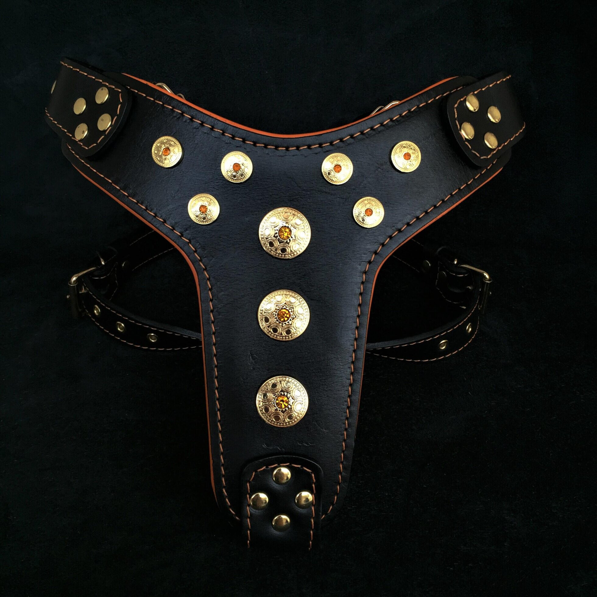 BESTIA DOG GEAR "Bijou" Negru / Portocaliu, Ham din Piele Pentru Caini, Marime M 50-75cm