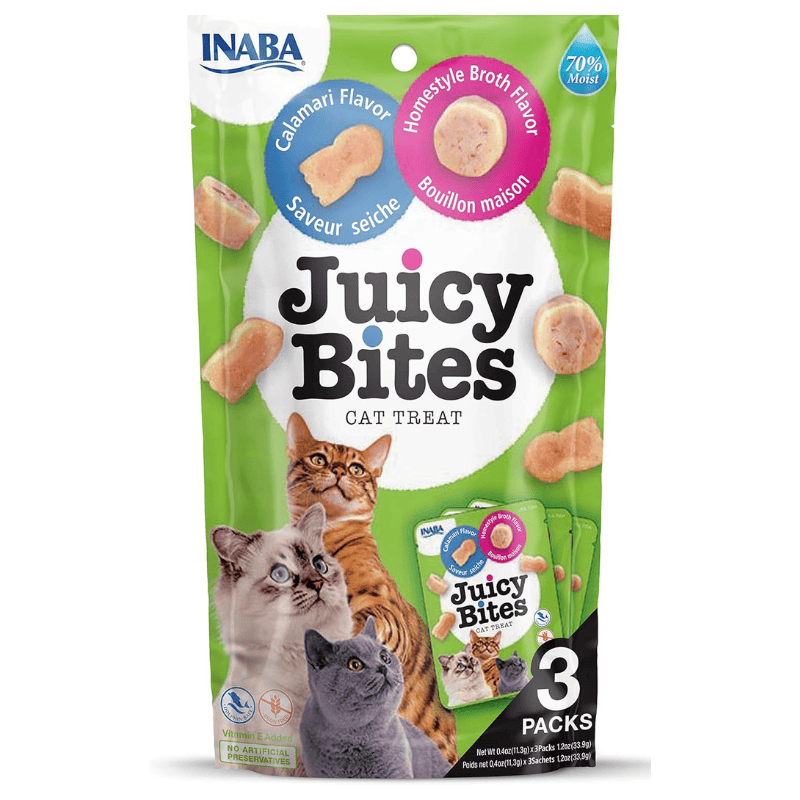 INABA Juicy Bites Calamari & Homestyle Broth 3x11.3 g | Recompense Moi si Suculente pentru Pisici | Calamar și Supă de Casă | Fără Cereale, Naturale, Bogate în Proteine