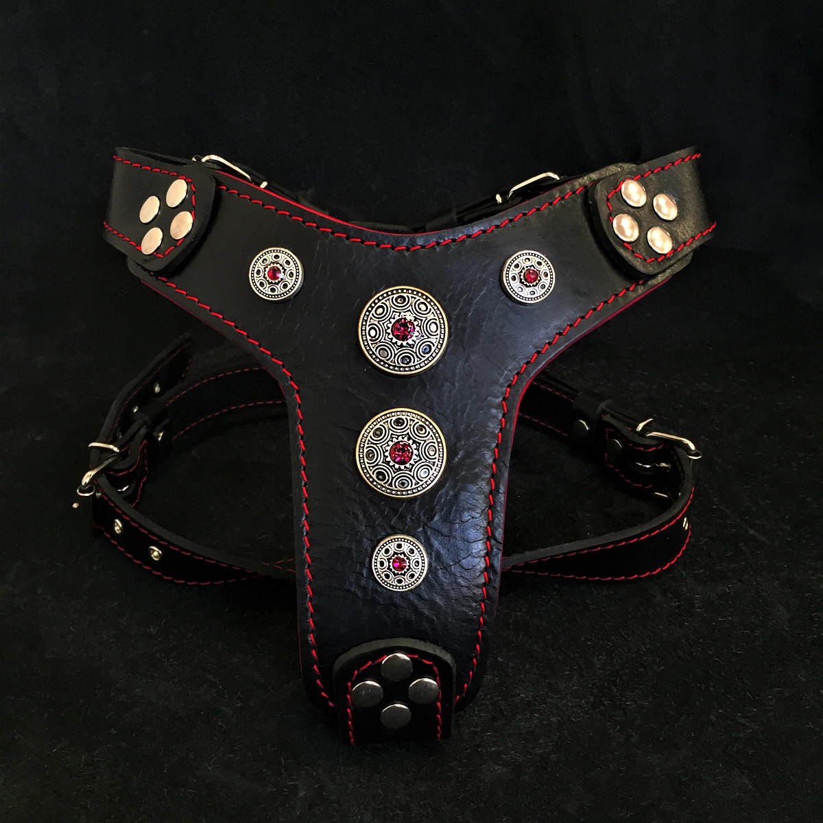 BESTIA DOG GEAR Bijou Negru / Rosu, Ham din Piele Pentru Caini, Marime S 40-73xm
