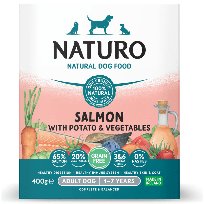 NATURO Adult Dog Grain Free cu Somon Cartofi si Legume 400 g | Hrana Umeda Completa fara Cereale 100% Naturala pentru Caini Adulti