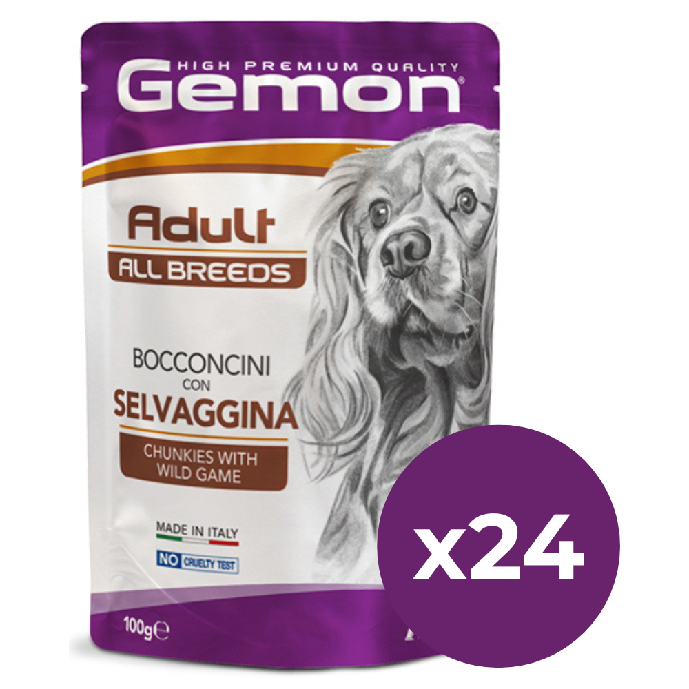 GEMON All Breeds Adult Dog cu Vânat – Set Plicuri Hrană Umedă pentru Câini Adulți, (bucăți în aspic), 24x100g