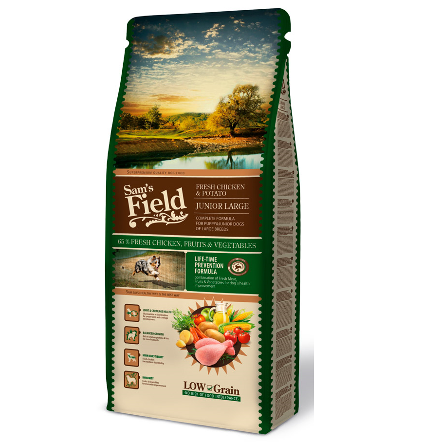 SAM'S FIELD Fresh Chicken & Potato Junior Large 13 kg | Hrana Uscata Super-Premium pentru Catei din Rase Mari | Formula Hipoalergenica cu Pui Proaspat, Cartofi, Fructe si Legume | Crestere Echilibrata si Suport Articular
