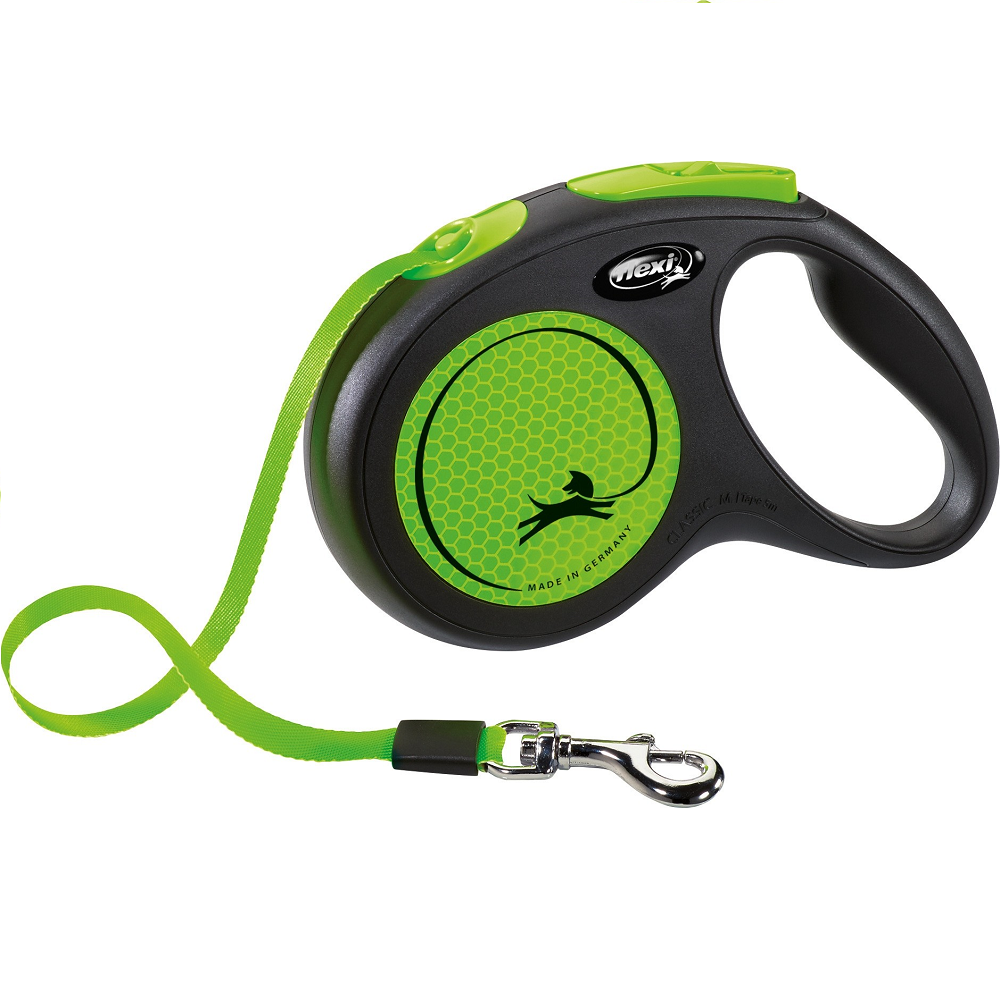 FLEXI New Classic Neon Verde M, Lesa Retractabila cu Banda, Caini Maxim 25kg, 5m