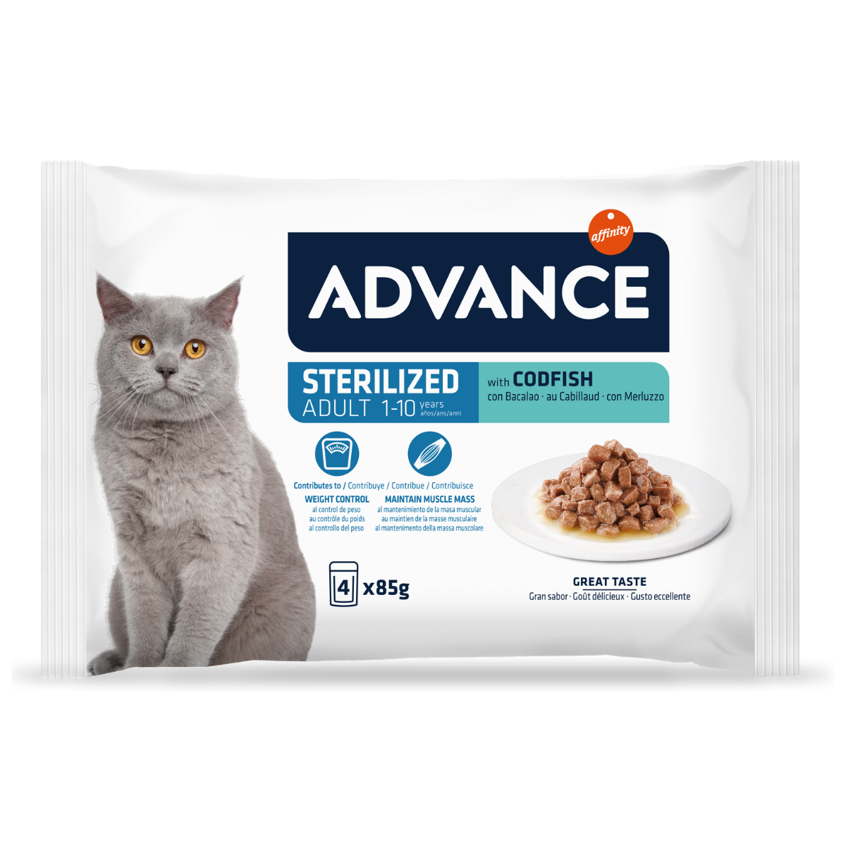 ADVANCE Cat Adult Sterilized, cu Ton, Multipack Plicuri Hrana Umeda Pisici Adulte Sterilizate (bucatele carne in sos), 4x85g
