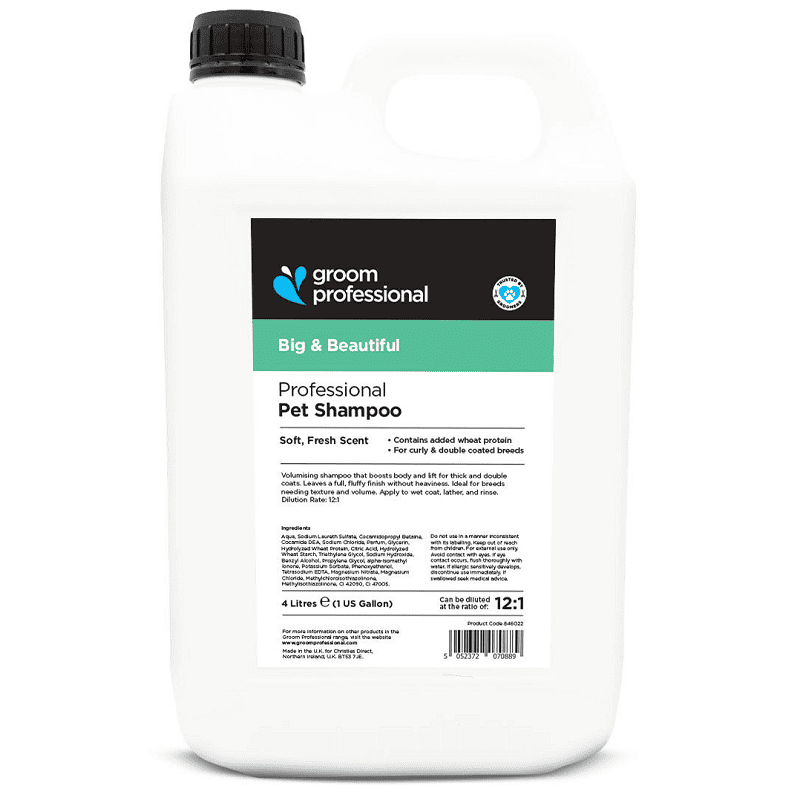 GROOM PROFESSIONAL Big & Beautiful Shampoo 4 L | Sampon Profesional Concentrat (dilutie 12:1) pentru Caini | Efect de Volum și Textură, Ideal pentru Blană Lăsată sau fara Formă