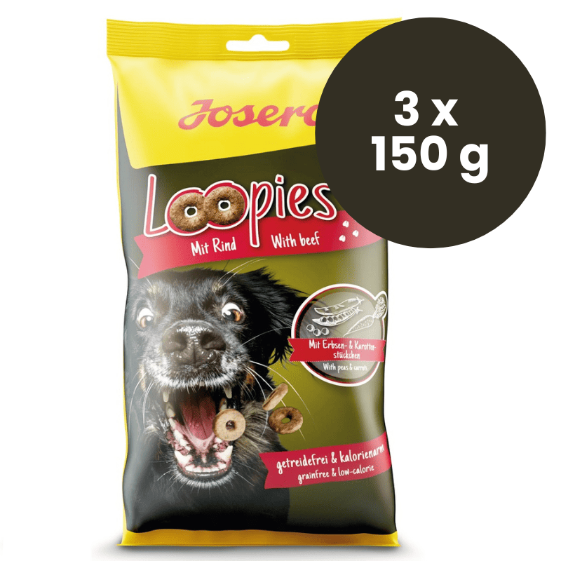JOSERA Loopies Beef 3x150 g | Recompense Delicioase pentru Caini | Cu Proteina de Vita 30% | Gust Irezistibil, Textura Crocanta si Energie Controlata