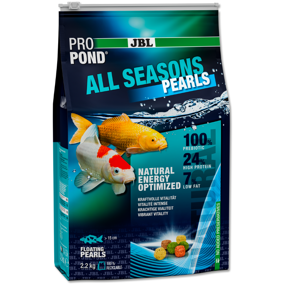 JBL ProPond All Seasons Floating Pearls – Hrană Completă, tip Granule Plutitoare, pentru Koi si Pești de Iaz, 24% Proteină, 2.2 kg