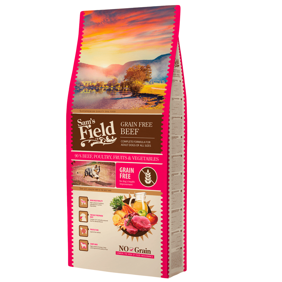 SAM'S FIELD Adult Grain-Free Beef 13 kg | Hrana Uscata Super-Premium  pentru Caini Adulti | Fara Cereale | Cu Carne de Vita Angus, Fructe si Legume | Digestibilitate Ridicata si Vitalitate Zilnica