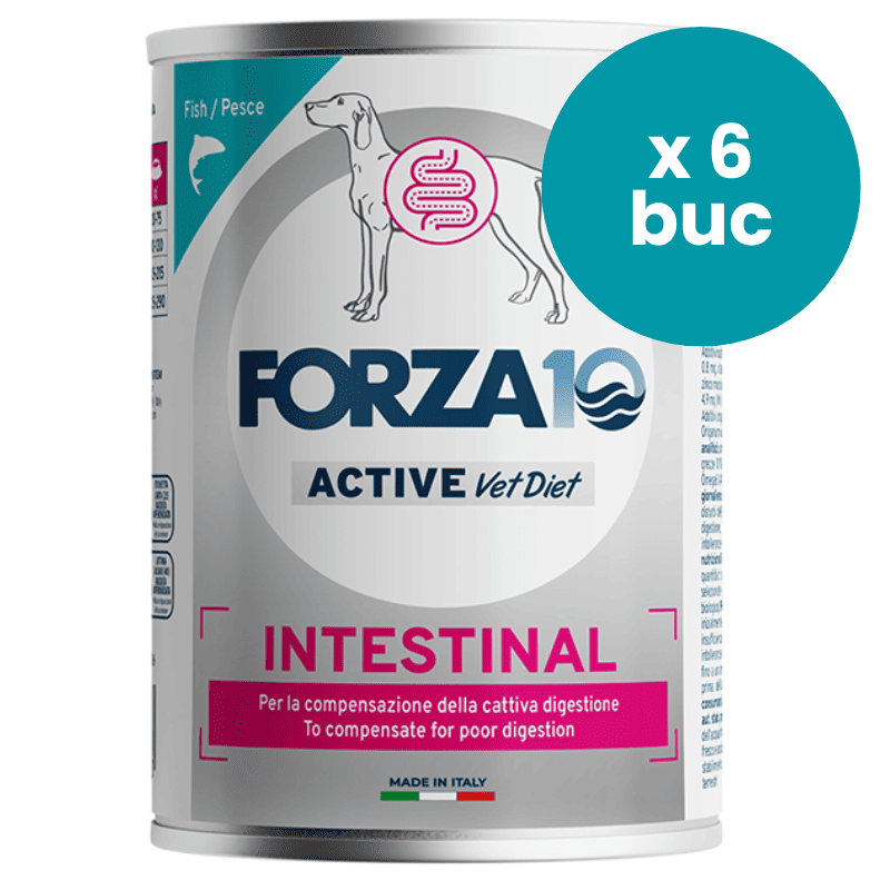 FORZA10 Active Vet Diet Intestinal, Dietă Umedă Monoproteică, cu Pește pentru Câini cu Tulburări Digestive, Multipack 6x390 g
