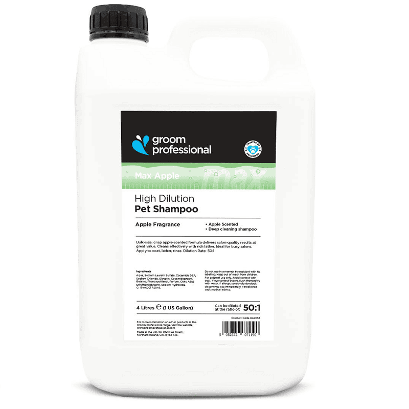 GROOM PROFESSIONAL Max Shampoo Apple 4 L | Șampon Profesional, Super-Concentrat (dilutie 50:1) pentru Câini | Curatare Profunda și Parfum Fresh de Măr Verde,