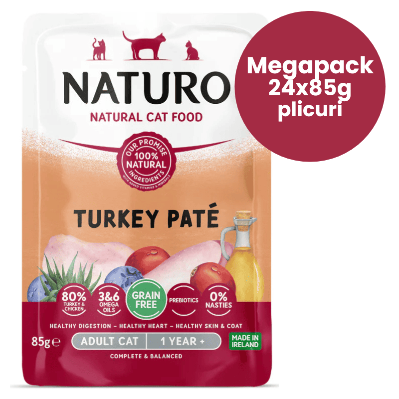 NATURO Adult Cat Grain Free Pate cu Curcan si Pui Megapack 24x85 g | Hrana Umeda Completa fara Cereale 100% Naturala pentru Pisici Adulte