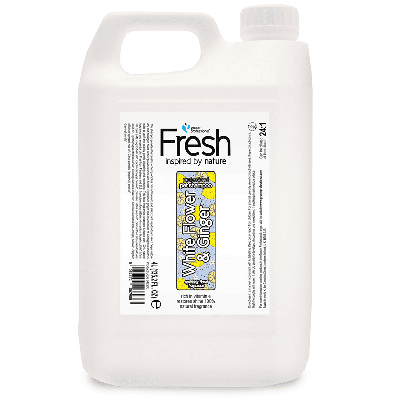 GROOM PROFESSIONAL Fresh White Flower & Ginger Shampoo 4 L | Sampon Profesional Concentrat (dilutie 24:1) cu Vitamina E si Uleiuri Esentiale pentru Caini | Curatare Delicata, Revitalizare si Stralucire