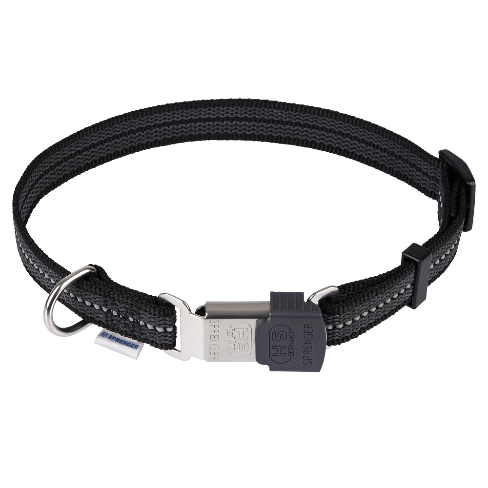 HERM. SPRENGER Zgarda Caine, Reflectorizanta, Nylon Negru, Catarama ClickLock cu Eliberare Rapida, Marime 40-55cm