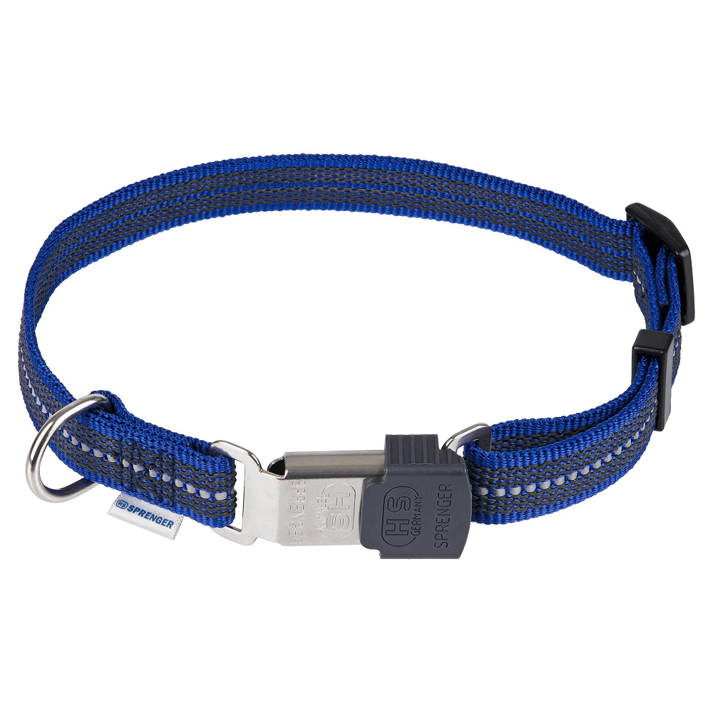 HERM. SPRENGER Zgarda Caine, Reflectorizanta, Nylon Albastru Neon,  Catarama ClickLock cu Eliberare Rapida, Marime 40-55cm