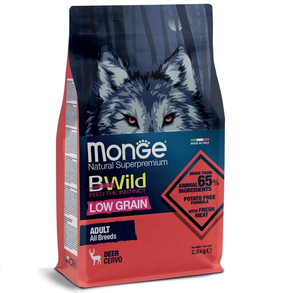 MONGE BWild Low Grain cu Căprioară – Hrană Uscată Superpremium pentru Câini Adulți, 2.5 kg