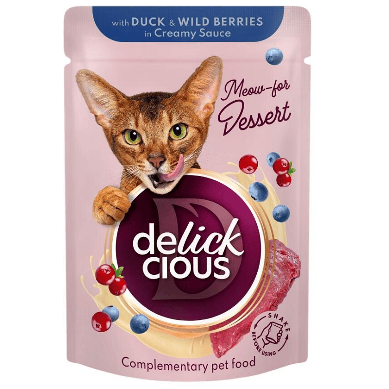 DELICKCIOUS Cat Bucăți de Rață și Fructe de Pădure în Sos 80 g | Hrană Umedă Completa pentru Pisici Adulte