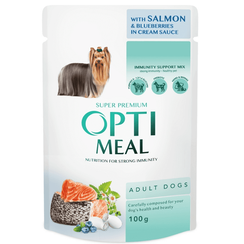 OPTIMEAL Adult Hrană Umedă Super-Premium pentru Câini cu Somon și Afine 100 g