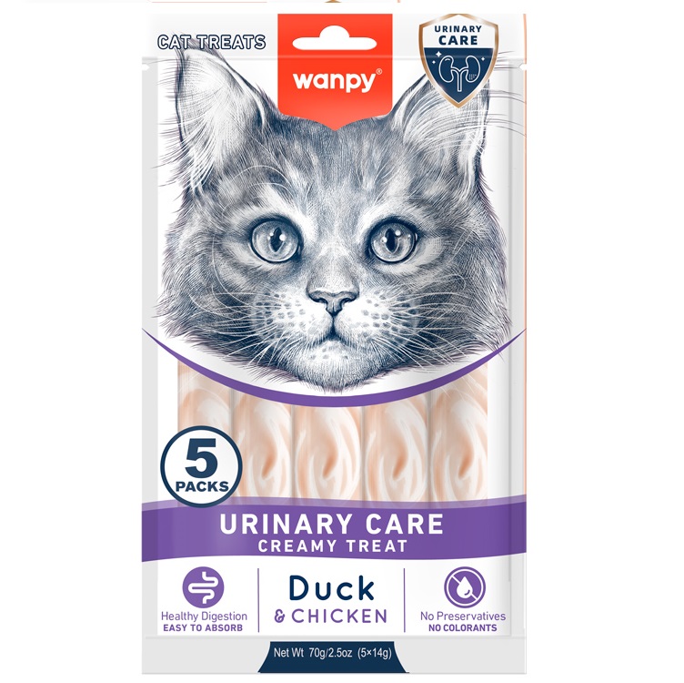 WANPY Urinary Care Creamy Lickable Cat Treats cu Rata & Pui, plicuri 5x14 g – Recompensa Functionala Cremoasa Superpremium pentru Pisici, Suport pentru Sanatatea Tractului Urinar si Hidratare