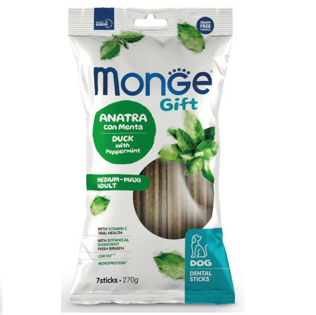 MONGE Gift Medium, Maxi Adult Dental Sticks, cu Rata si Menta, Recompense Caini Pentru Igiena Orala, 270g