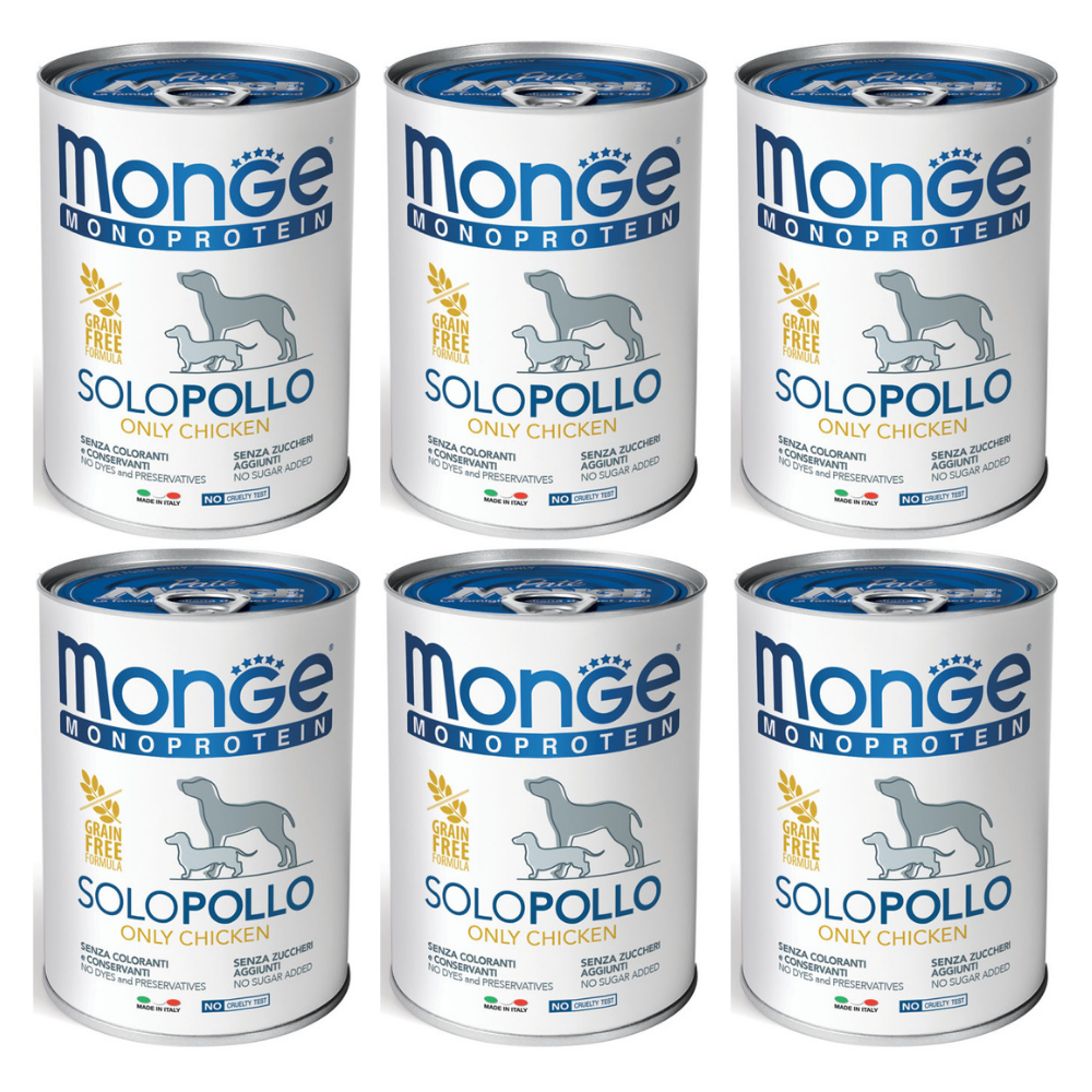 MONGE MONOPROTEIN SOLO Pui, Bax Hrana Umeda Monoproteica, Fara Cereale, Caine, (pateu) 6x400g